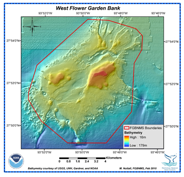 Bathymetric map of the sea floor at West Flower Garden Bank. Shallowest areas are shown in red, with deeper areas progressing through orange, yellow, light blue, and dark blue as the terrain gets deeper.