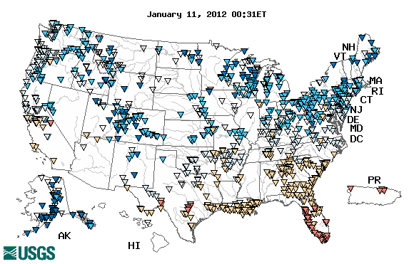 Map of the United States, showing which states provide real-time computed water-quality data
