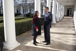 President Barack Obama talks with Tina Tchen, Chief of Staff to the First Lady, on the Colonnade of the White House, Jan. 10, 2012. (Official White House Photo by Pete Souza)