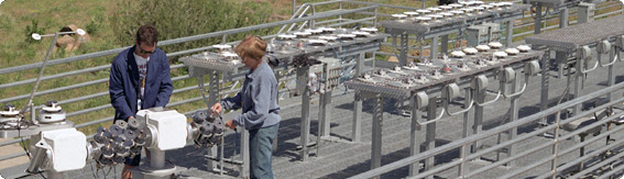 Photo of a man and a woman checking solar measurement instruments.