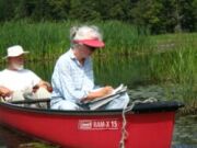 person in canoe conducting an aquatic plant survey
