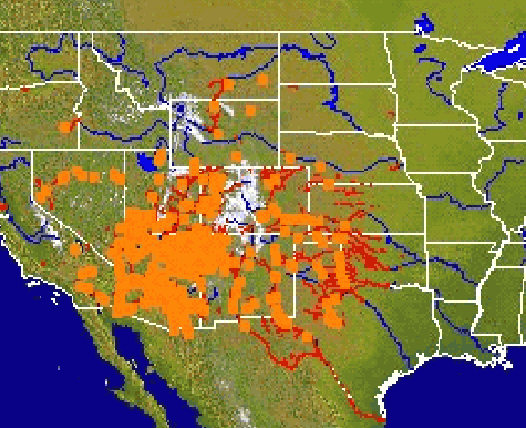 Map of currently reported tamarisk sites in the western U.S.