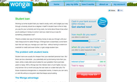 Wonga screengrab showing student loan offers
