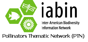 The IABIN PTN logo. Three green hexagons, one with a fish, one with a sun, and one with a dragonfly.