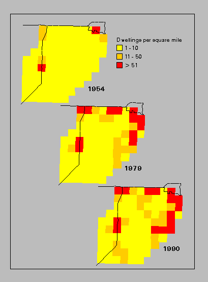 Figure 8-13 Maps illustrating the change in rural residential development in a portion of Gallatin County from 1954 to 1990.