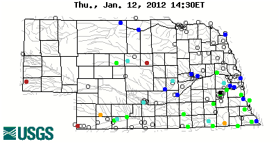 Current streamflow conditions in Nebraska; click to go to a live map.