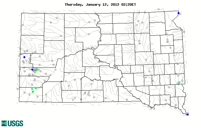 Stream gage levels in South Dakota, relative to 30 year average.