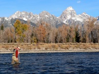 Hydrologic technician measuring discharge on the Snake River at Moose, Wyoming.