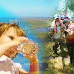 Collage of a marsh, girl drinking, and USGS employees using a stream gage.