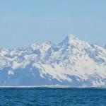 Mountains towering above the mouth of the Copper River from the coastal Gulf of Alaska.
