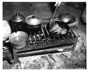 [graphic] Frying trout over campfire grill.