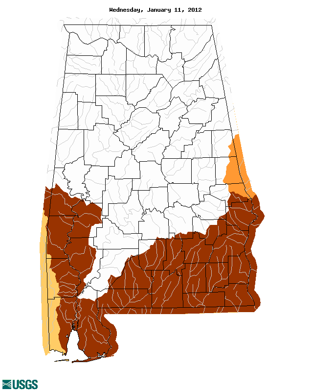 Map of below normal 7-day average streamflow compared to historical streamflow for the day of year (Alabama)