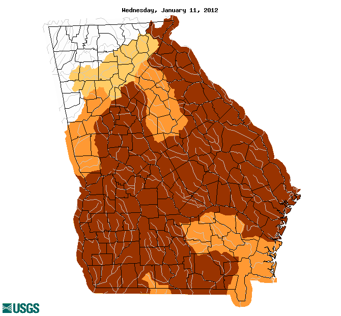 Map of below normal 7-day average streamflow compared to historical streamflow for the day of year (Georgia)