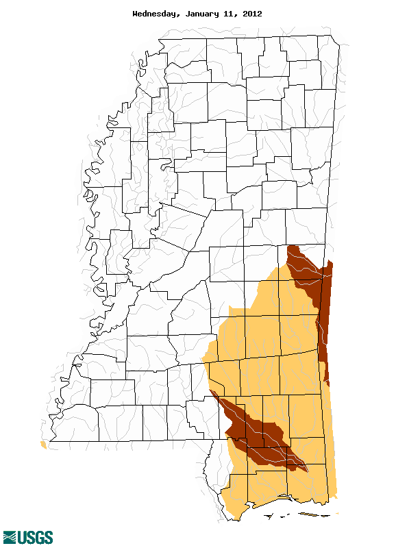 Map of below normal 7-day average streamflow compared to historical streamflow for the day of year (Mississippi)