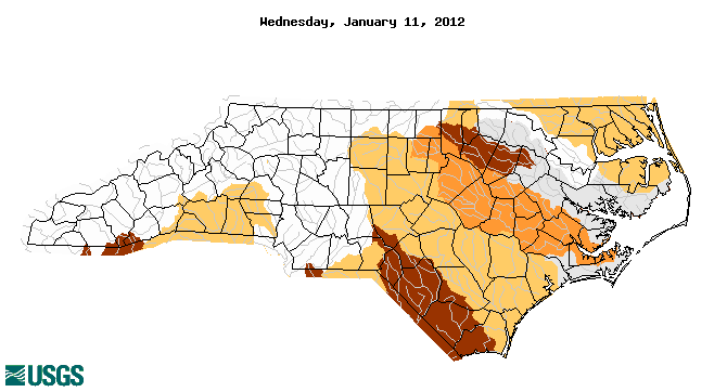 Map of below normal 7-day average streamflow compared to historical streamflow for the day of year (North Carolina)