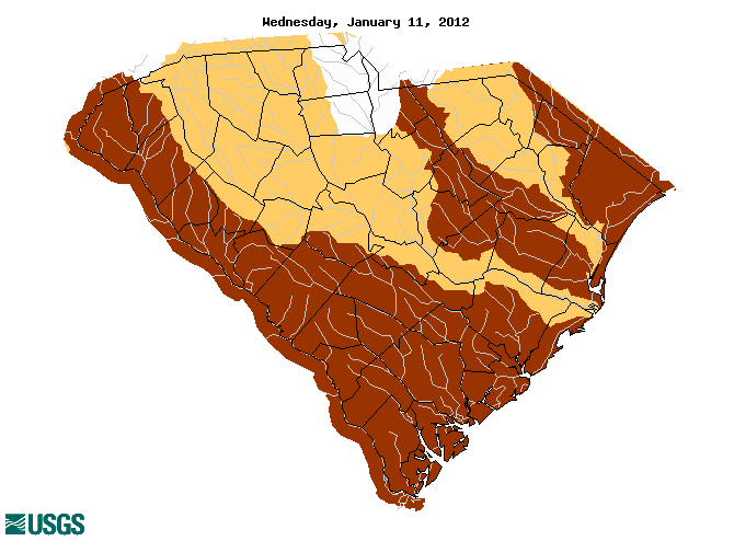Map of below normal 7-day average streamflow compared to historical streamflow for the day of year (South Carolina)