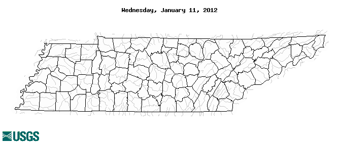 Map of below normal 7-day average streamflow compared to historical streamflow for the day of year (Tennessee)