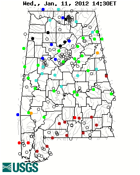 Current streamflow conditions in Alabama; click to go to a live map.