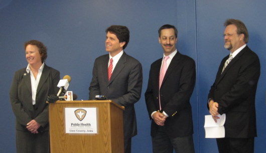 Commissioners Sheila Leslie, Chairperson Mark Shriver, and David Schonfeld are joined by Iowa Department of Homeland Security Administrator David Miller at a press conference in Cedar Rapids, IA on January 6, 2010.