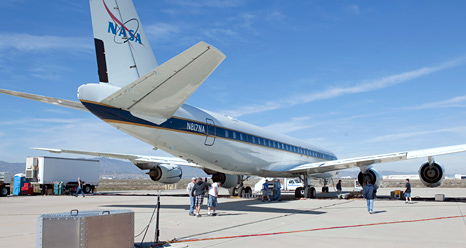 Emissions detection equipment set up behind NASA's DC-8 flying laboratory during ground tests of alternative biofuels.
