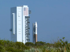 The Atlas 5 rocket containing LRO and LCROSS inches toward the launchpad