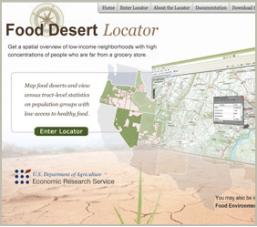 The Food Desert Locator provides a spatial overview of low-income neighborhoods with high concentrations of people who are far from a supermarket or large grocery store.