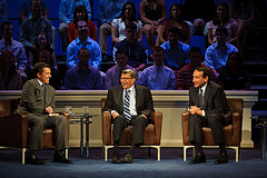 Legendary coaches Joe Paterno, center, and Duke basketball Coach Mike Krzyzewski, right, discussed teaching leadership and teamwork, among other subjects, during the taping of &quot;Difference Makers: Life Lessons with Paterno and Krzyzewski&quot; for ESPN. The event was held Monday, June 20, at Eisenhower Auditorium on Penn State's University Park campus.