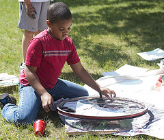 Students at Penn State Art Camp created original paintings using bicycle wheels on June 27. Art Camp is one of many summer events hosted at Penn State's University Park campus by the Center for Arts and Crafts at Penn State and welcomed 103 youngsters.