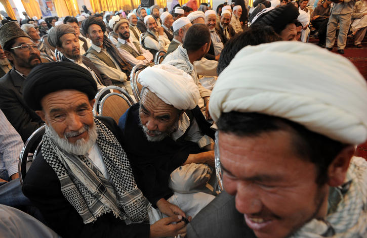Tribal elders listen to presidential candidate Abdullah Abdullah during an event organized by Hazara leader Ali Urfani in Kabul, Afghanistan. Abdullah is largely considered to pose the biggest threat to President Karzai this election. 