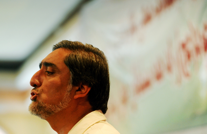 Afghan presidential candidate Abdullah Abdullah speaks to a crowd of supporters in Kabul, Afghanistan.