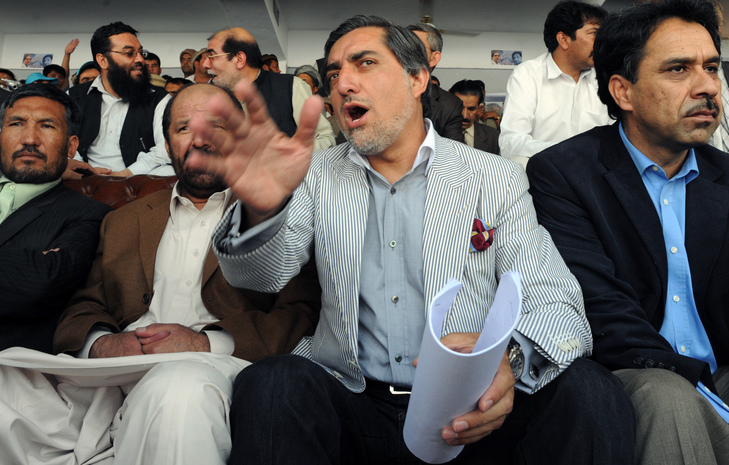 Afghan presidential candidate Abdullah Abdullah makes the most of the last days of campaigning during a rally at the National Stadium in Kabul.