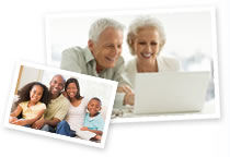 This image is a collage of two images. The first is of a family smiling and embracing. The second image shows a couple browsing the internet.