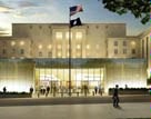 Description: Artist's rendering of the US Diplomacy Center museum, showing glass walls and ceiling spanning the courtyard on the 23rd street entrance to the Department of State - State Dept Image