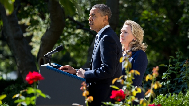 President Obama, with Secretary of State Clinton, delivers a statement