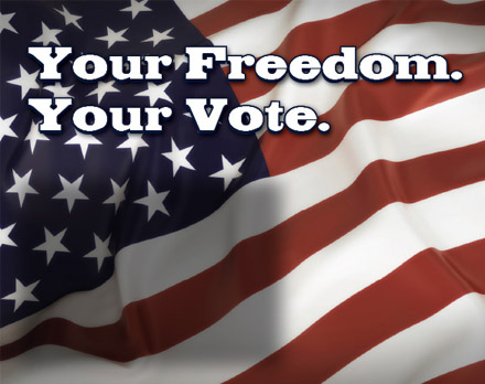 Your Freedom. Your Vote, text displayed on top on the US Flag
