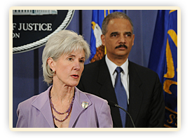 Secretary Kathleen Sebelius and Attorney General Eric Holder speak at the Regional Fraud Prevention Summit in Detroit.