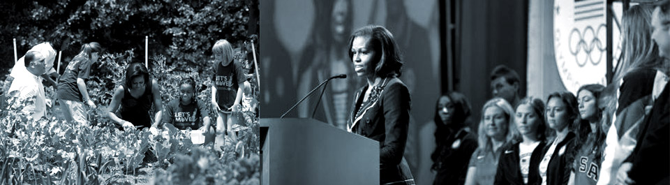 Photo of First Lady Michelle Obama planting a garden with children and photo of First Lady Michelle Obama giving a speech