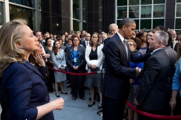 President Barack Obama greets State Department employees after speaking to them in a courtyard at the State Department in Washington, D.C., Sept. 12, 2012. Secretary of State Hillary Rodham Clinton stands at left. The President made the visit after Chris Stevens, U.S. Ambassador to Libya, and three others were killed at the consulate in Benghazi, Libya, yesterday.
(Official White House Photo by Pete Souza)