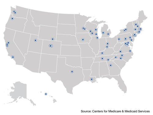 US Map with locations of Innovation Advisors. Data presented is duplicated below.