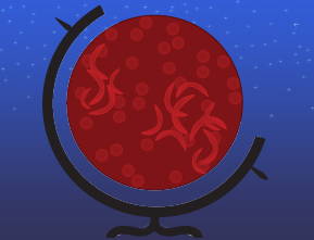 Illustration of a globe with sickled blood cells covering it.