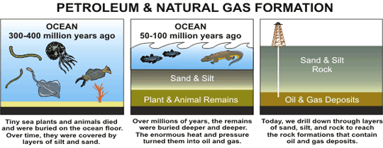 Three images, all about Petroleum & Natural Gas Formation.

The first image is about the Ocean 300 to 400 million years ago. Tiny sea plants and animals died and were buried on the ocean floor. Over time, they were covered by layers of sand and silt.

The second image is about the Ocean 50 to 100 million years ago. Over millions of years, the remains were buried deeper and deeper. The enormous heat and pressure turned them into oil and gas.

The third image is about Oil & Gas Deposits. Today, we drill down through layers of sand, silt, and rock to reach the rock formations that contain oil and gas deposits.