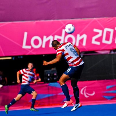 Photo: Photo of the Day: U.S. Marine Corps Cpl. Rene Renteria, a forward for the 2012 U.S. Paralympic Soccer Team, jumps in the air to complete a header play while competing against Brazil during a soccer match at the Riverbank Arena during the Paralympic Games in London, Sept. 3, 2012. DOD photo by U.S. Army Sgt. 1st Class Tyrone C. Marshall Jr.