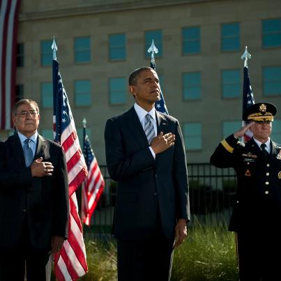 Photo: Secretary Panetta, President Obama and Gen. Dempsey, chairman of the Joint Chiefs of Staff, render honors as the national anthem plays during the ceremony to commemorate the 11th anniversary of the 9/11 terrorist attacks at the Pentagon, Sept. 11, 2012. 
DOD photo by U.S. Navy Petty Officer 1st Class Chad J. McNeeley