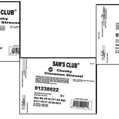 Photo: http://go.usa.gov/rdhW

Dawn Food Products, Inc. is recalling 251, 25-pound buckets of Sam's Club Chunky Cinnamon Streusel because it may contain undeclared milk and soy allergens. People who have an allergy or severe sensitivity to specific type of allergens may run the risk of serious or life-threatening allergic reaction if they consume these products.
