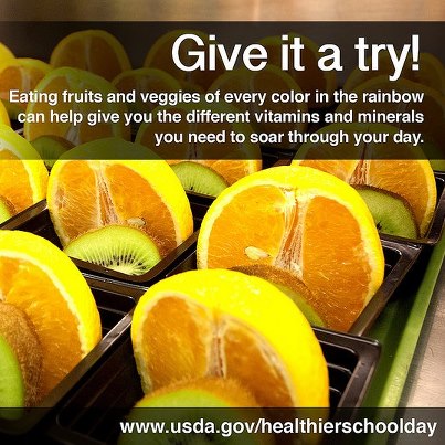 Photo: Give it a try: Eating fruits and veggies of every color in the rainbow can help give you the different vitamins and minerals you need to soar through your day. Learn more at http://usda.gov/healthierschoolday