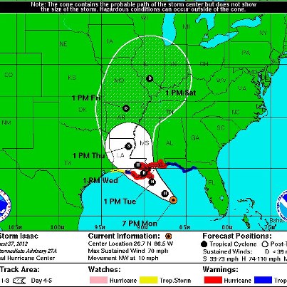 Photo: NOAA’s National Hurricane Center 8:00 pm EDT advisory indicates Tropical Storm Isaac is expected to become a hurricane soon. Significant storm surge and flooding from rainfall is expected along the northern Gulf coast. Be prepared and stay informed – http://www.nhc.noaa.gov