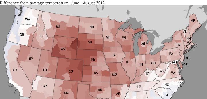 Photo: THIS JUST IN: According to NOAA's National Climatic Data Center, a scorching July 2012 contributed to the 3rd hottest summer on record for the contiguous United States: http://www.ncdc.noaa.gov/sotc/. Most of the United States was also drier than average. Rains from Isaac did little to relieve drought. 

MORE: Get the full story about our Summer 2012 climate recap at http://www.climatewatch.noaa.gov/article/2012/summer-2012-recap  

*About this image: Reds show June-August temperatures up to 8°F warmer than average. Blues show temperatures up to 2° F cooler than average — the darker the color, the larger the difference. Map by NOAA's climate.gov team and is based on U.S. Climate Division Data from NOAA's NCDC, http://www.ncdc.noaa.gov/sotc/.