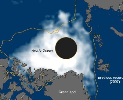 Photo: The difference in Arctic sea ice extent between this year and the previous record low is so large that you could slip the state of West Virginia into the extra open water. See the map: http://1.usa.gov/U7PsuT