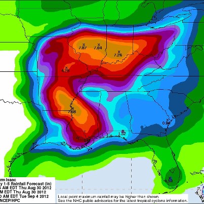 Photo: NOAA's Hydrometeorological Prediction Center issued its 5-day rainfall forecast. Isaac is bringing significant rain inland - be prepared and stay informed to your local weather forecast. http://www.hpc.ncep.noaa.gov/tropical/qpf/tcqpf.php