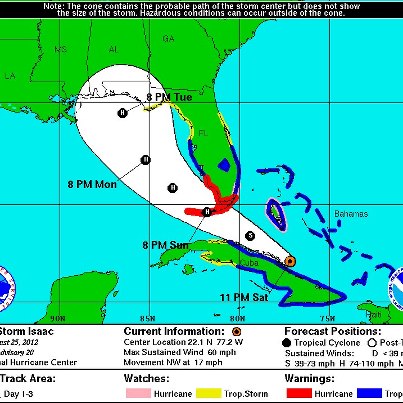 Photo: NOAA's National Hurricane Center 11:00 p.m. advisory says Tropical Storm Isaac is heading toward the Straits of Florida and is expected to strengthen. Be prepared and stay informed - http://www.nhc.noaa.gov